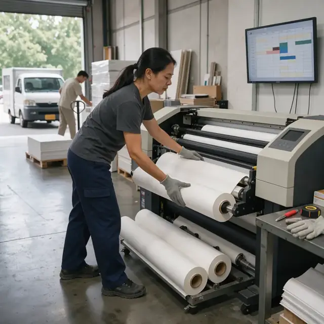 a worker loading a large roll of paper into a wide-format plotter while reviewing a production schedule on a wall-mounted screen