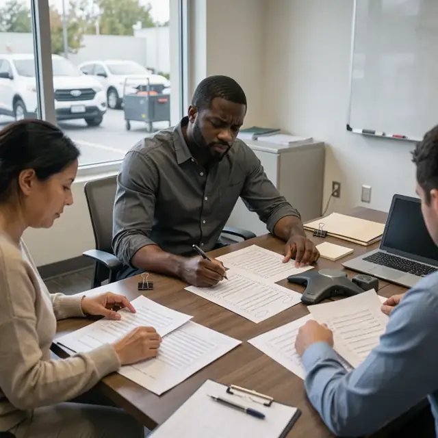 a compliance specialist reviewing printed call logs and compliance checklists spread across a conference table