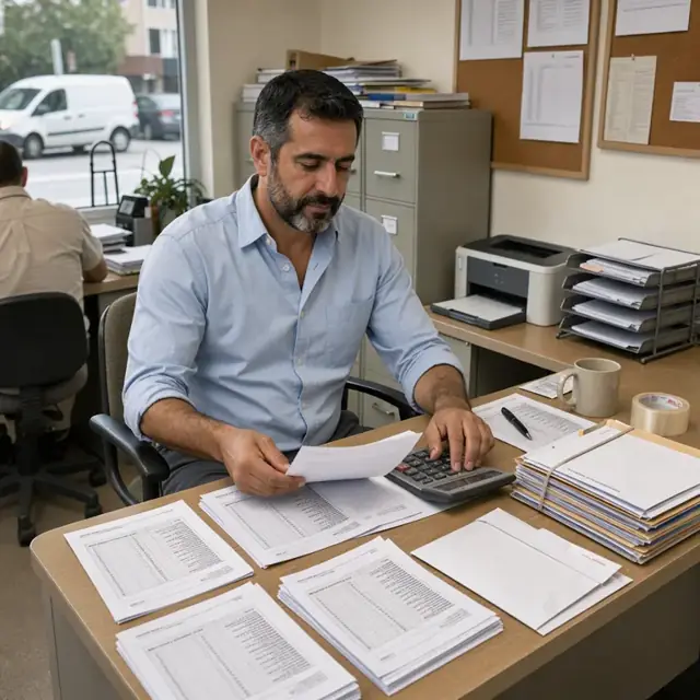 an accounting desk with printed remittance statements, a calculator and a stack of client folders ready for mailing