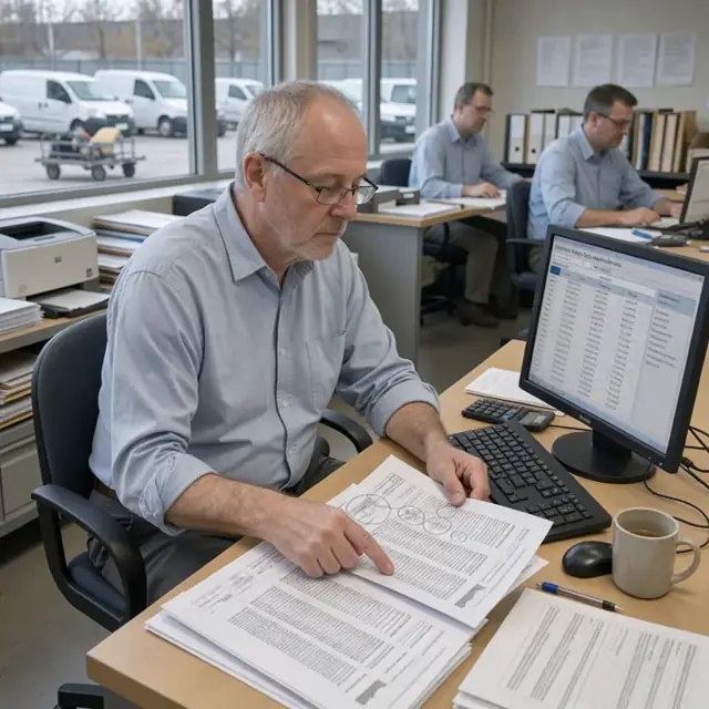 a researcher comparing printouts of public records and data against an open debtor file on screen