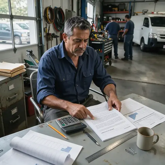 a worker comparing printed usage reports against contract terms at a desk with a calculator and spreadsheet printouts