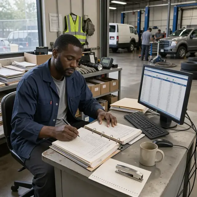 a worker updating records in a binder of resolved dispute files next to a computer showing a credit database interface