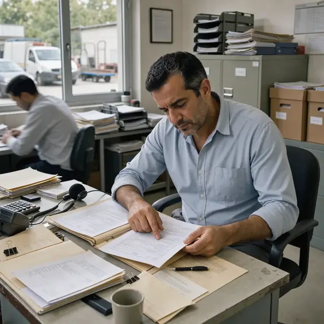 a worker reviewing printed credit files and correspondence at a desk covered with open folders and a telephone headset