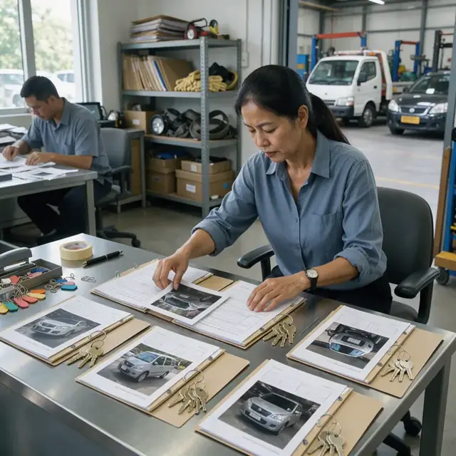 a worker assembling recovery reports, photographs and keys into organized case folders at a metal office desk