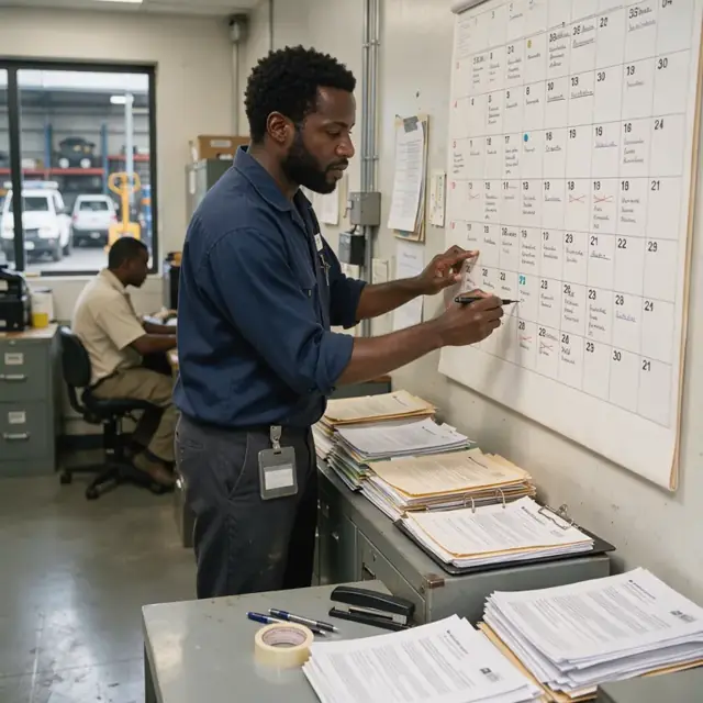 a worker updating license and insurance renewal dates on a wall calendar next to stacks of regulatory paperwork in an office