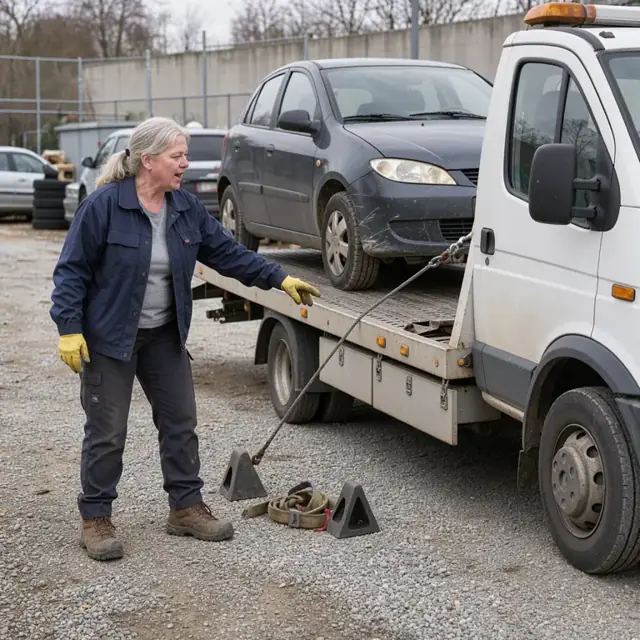 a worker directing a tow truck as it loads a recovered vehicle onto its flatbed at an outdoor recovery site