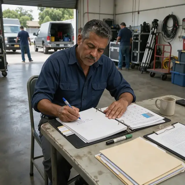 a worker updating client preference notes in a binder while checking a printed deposition calendar