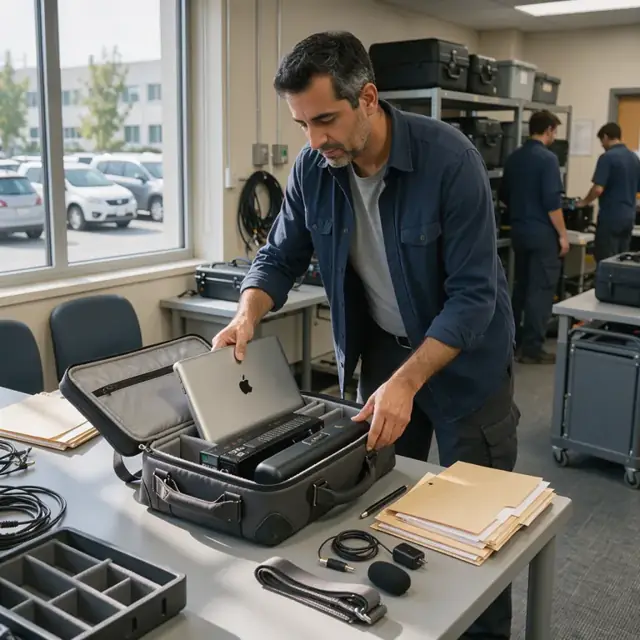 a worker packing a steno machine, laptop and microphone case into a protective bag on an office table with job folders nearby
