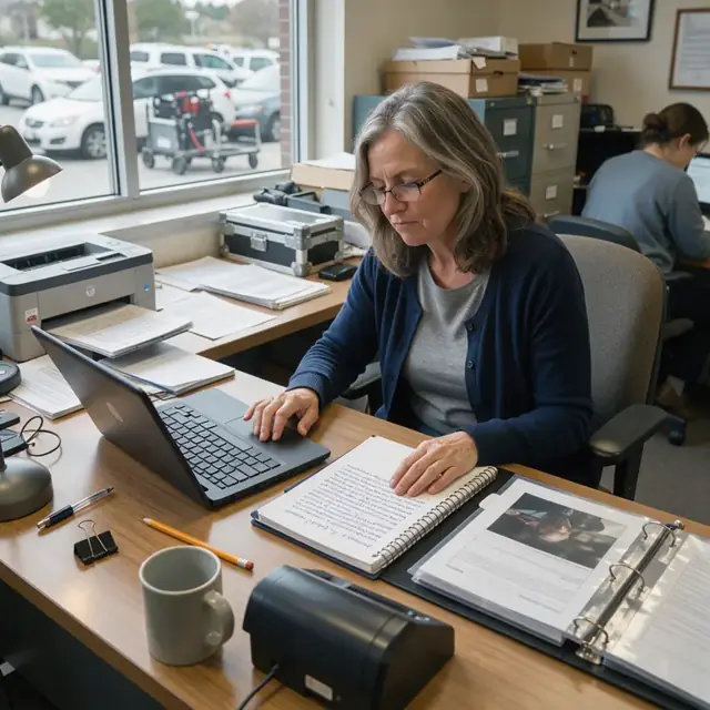 a worker at a desk comparing a laptop transcript draft to handwritten steno notes and an open exhibit binder