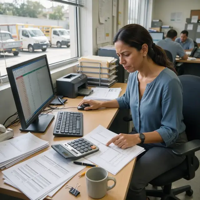 a desk with spreadsheets open on a computer monitor next to printed reports and a calculator in an administrative office
