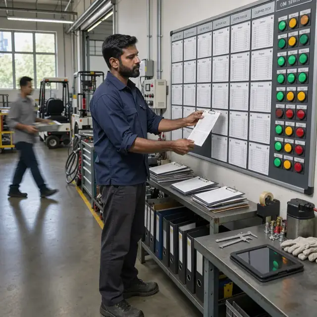 a planning board on the wall of a production room with printed job cards arranged by due date next to equipment status indicators