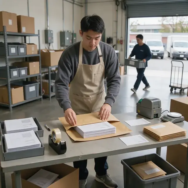 a worker sealing a large envelope containing processed documents at a packing table with address labels and postage meter nearby