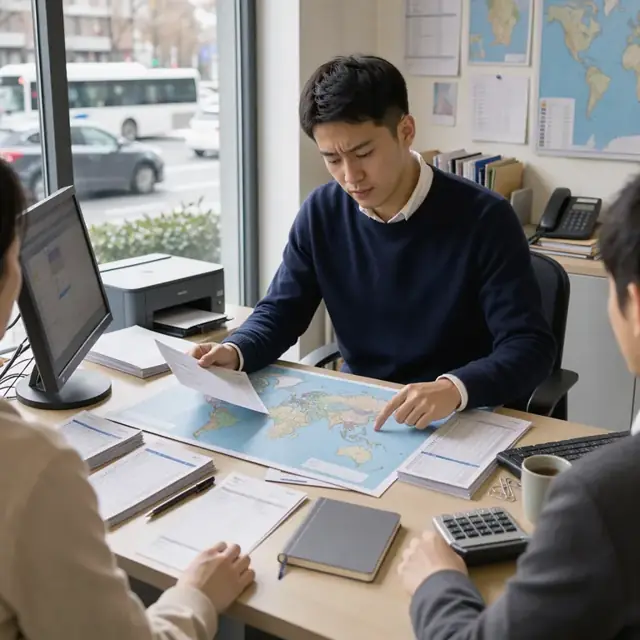 a travel agent at a desk reviewing client request forms spread across world maps and printed airline schedules