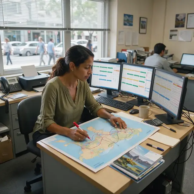 a travel agent comparing flight schedules on multiple computer monitors while marking notes on a large printed world map