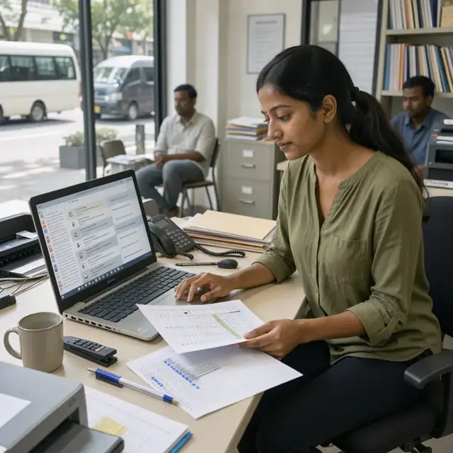 a travel agent reviewing a printed group rooming list while checking hotel confirmation emails on a laptop