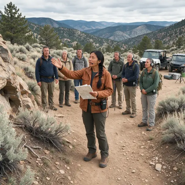 a tour guide standing at the front of a group on a scenic trail while participants listen through headsets