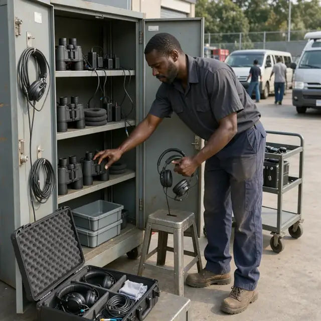a worker inspecting and organizing headsets and binoculars inside a storage locker at a tour dispatch yard