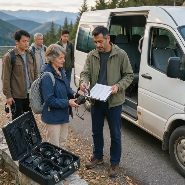 a guide checking a printed manifest and distributing headsets beside a parked passenger van at a scenic overlook