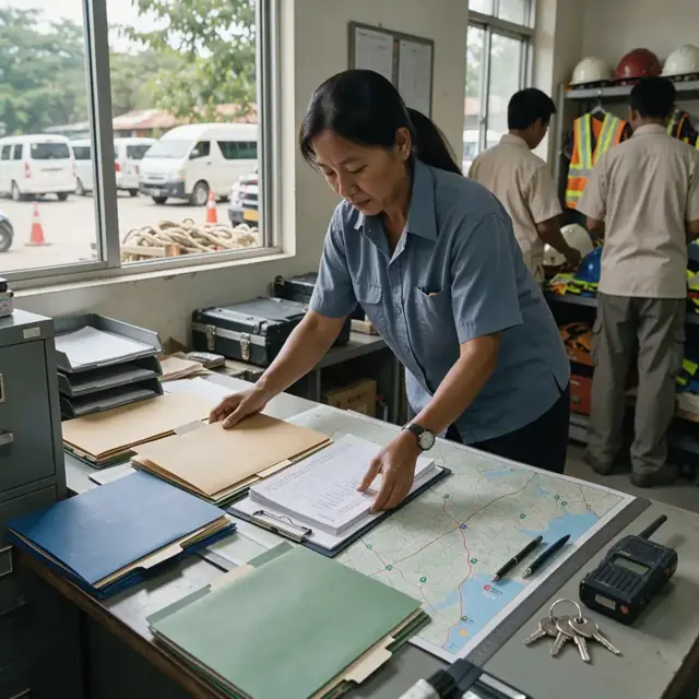 a worker organizing permit folders and safety checklists on a desk with a map of tour locations spread out