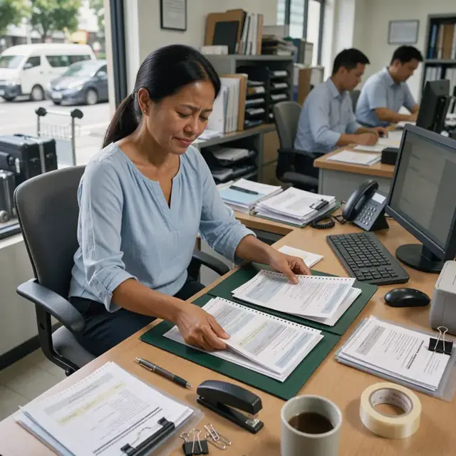a travel coordinator compiling printed tickets, hotel vouchers and confirmation sheets into a client folder at a desk