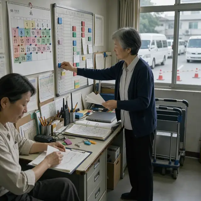 a travel coordinator updating a large wall calendar and trip status board at a planning desk