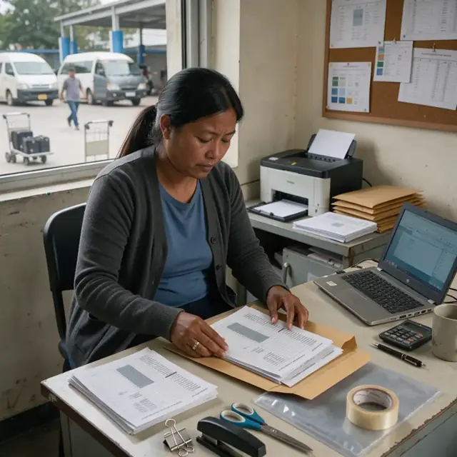 a travel coordinator preparing a large envelope containing printed itineraries and vouchers on a desk