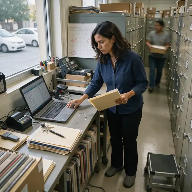 a file room with rows of locked cabinets, a wall calendar marked with renewal dates and a laptop open to a compliance checklist