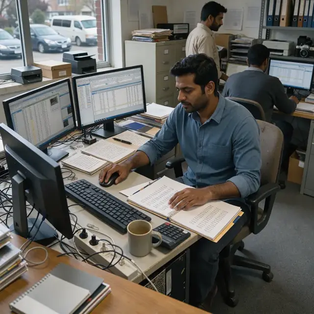 a researcher at a desk surrounded by multiple computer monitors displaying public records databases and notepads with case numbers