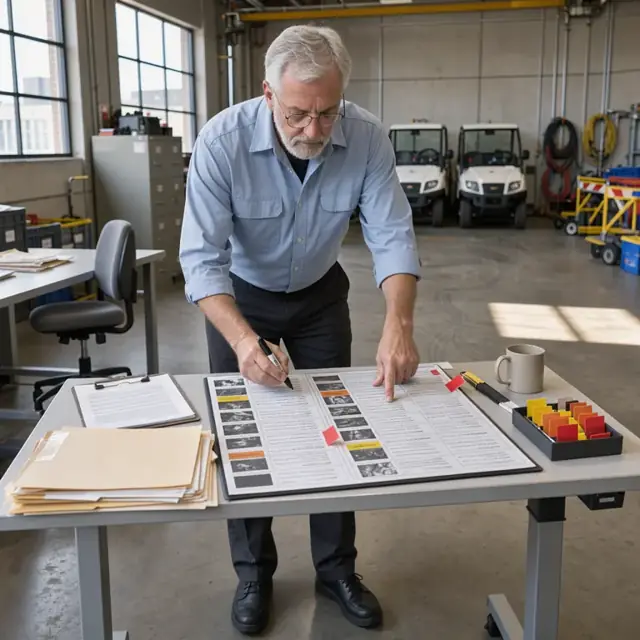 a case manager at a standing desk marking priority flags on a large printed investigation docket board