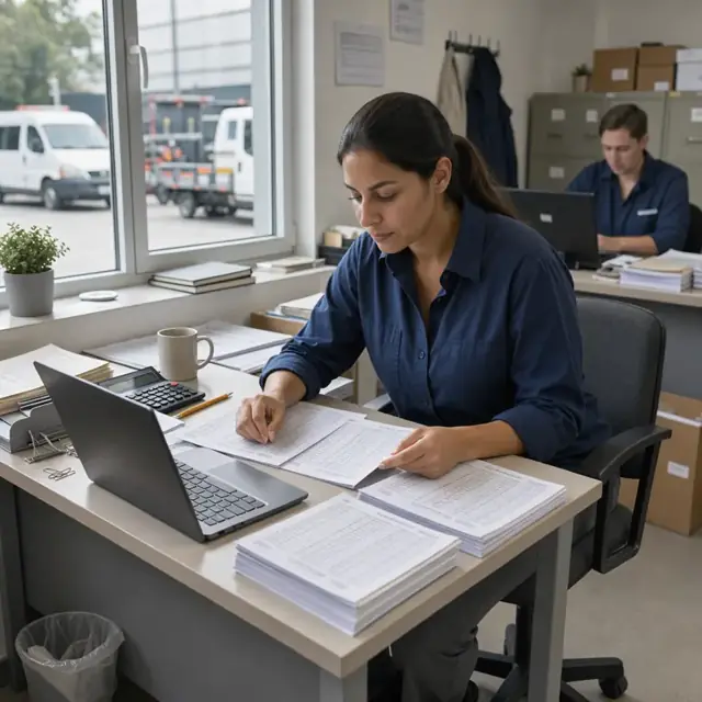 a worker reviewing stacks of time sheets and entering figures into a spreadsheet on a laptop at a quiet office desk