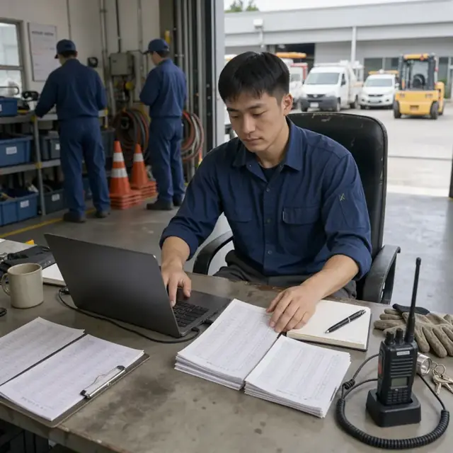 a worker at a desk organizing handwritten shift logs and typing summaries into a laptop with a radio on the corner