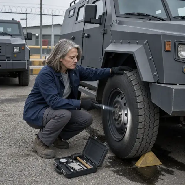 a worker performing a vehicle inspection with a flashlight checking the tires and armor plating of a parked armored truck in a fenced yard