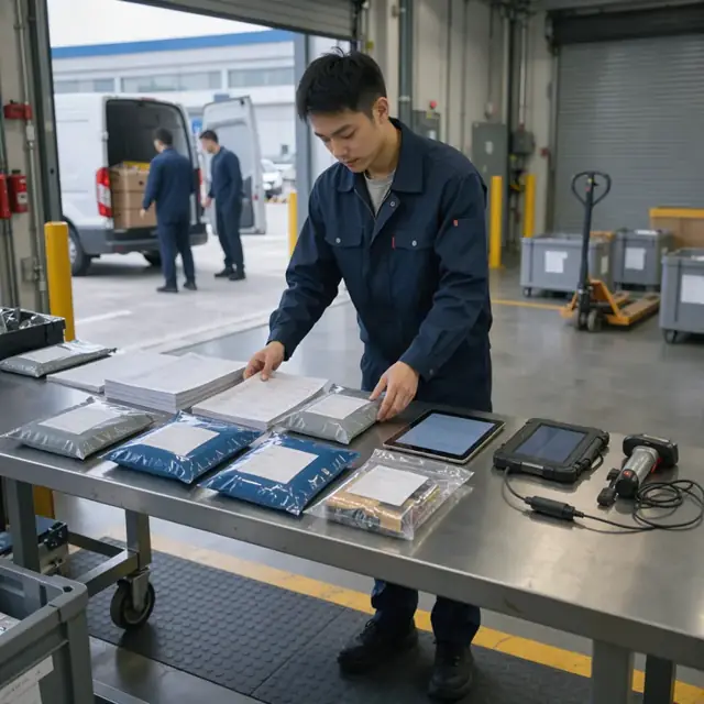 a worker in uniform arranging printed manifests, sealed bags and electronic tablets on a counter inside a secure loading bay