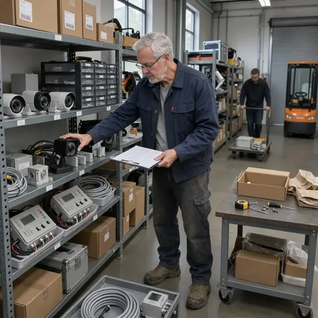 a worker checking security cameras and control panels in inventory against a job parts list inside a supply room