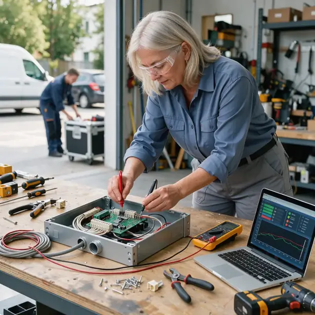 a worker testing a newly installed security system control panel with a multimeter and laptop on a workbench