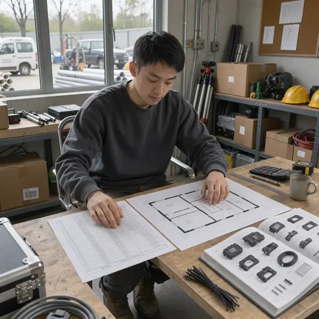 a worker at a desk comparing camera specifications against a building floor plan diagram with a parts catalog open nearby