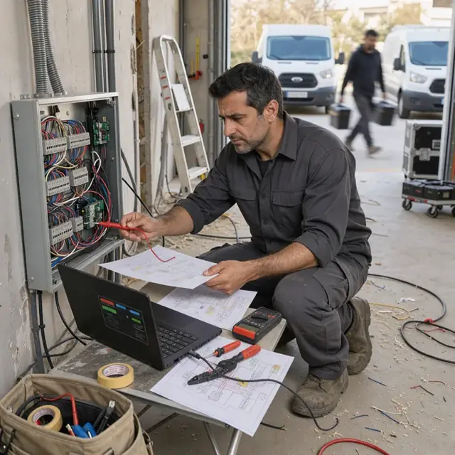 a worker troubleshooting a security panel with a laptop connected while referencing wiring diagrams on a jobsite