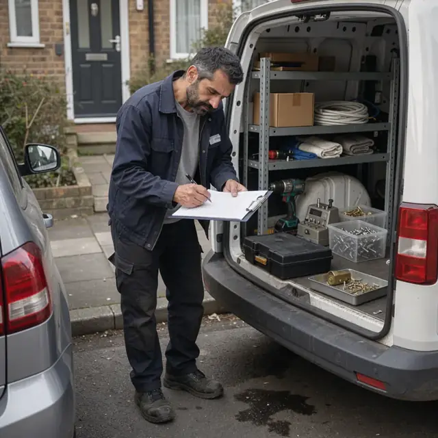 a locksmith standing at the back of a service van completing paperwork on a clipboard after a lock installation