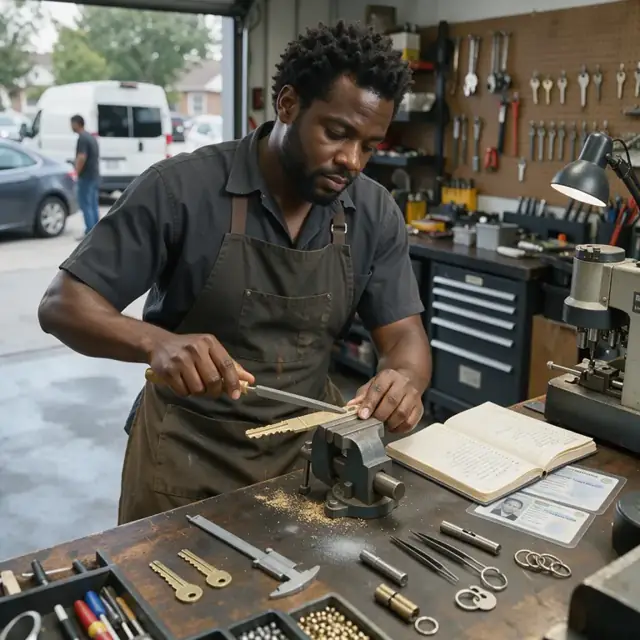 a locksmith at a workbench filing a cut key while referencing a logbook and license documents