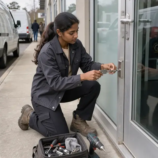 a locksmith kneeling at a commercial door examining the lock hardware while holding a key gauge