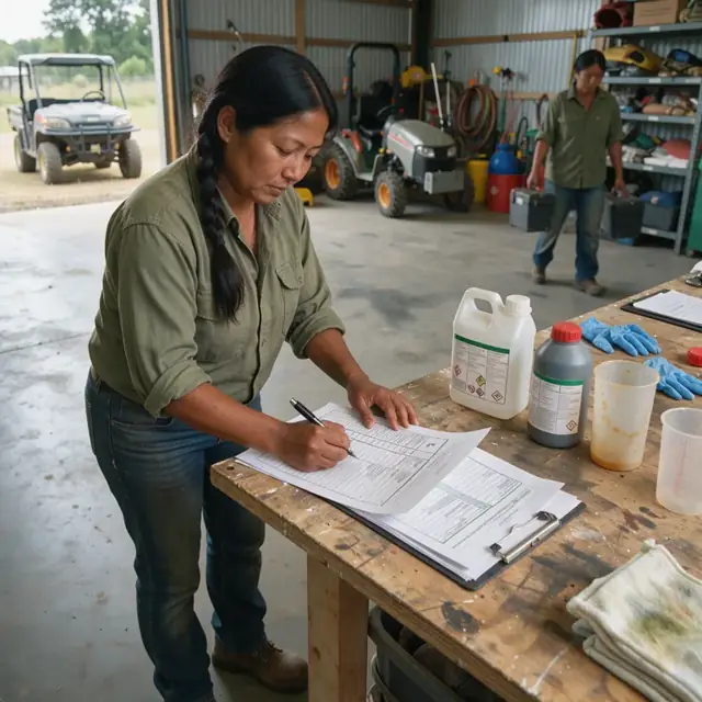 a worker at a workbench filling out a multi-page pesticide application record form beside labeled chemical containers