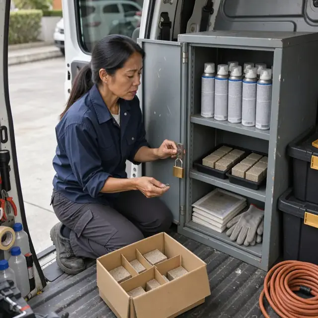a worker opening a locked metal cabinet in a service van to count and organize spray cans, bait blocks and glue traps