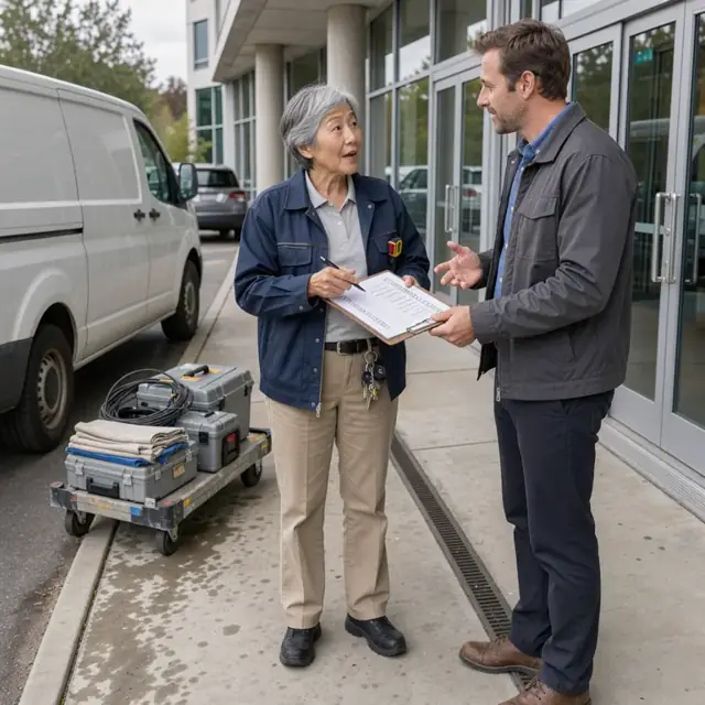 a worker reviewing a clipboard checklist while discussing service options with a customer at the entrance of a commercial building