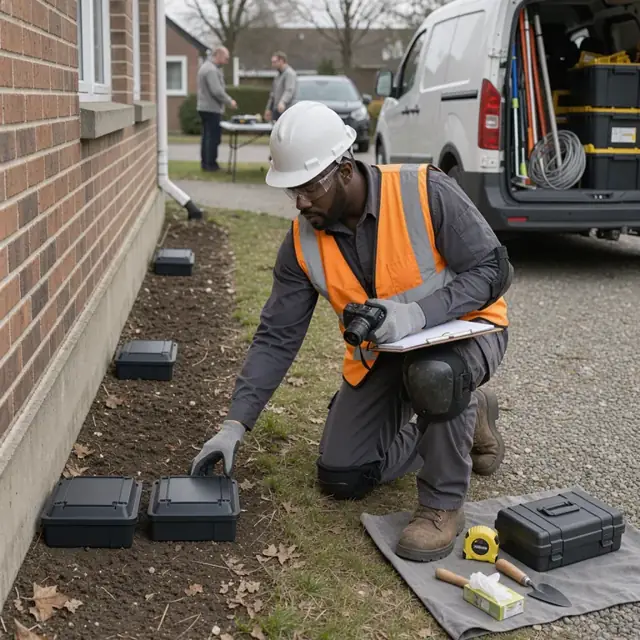 a worker in protective gear kneeling beside a building foundation placing bait stations while holding a clipboard and camera