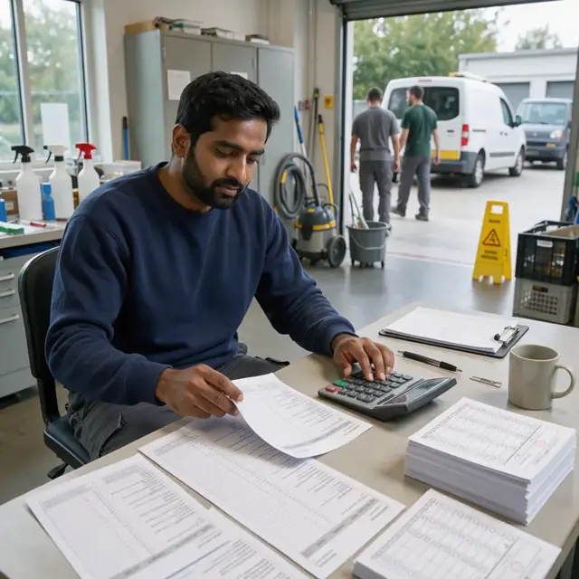a desk with printed invoices, time sheets and a calculator next to a stack of completed cleaning checklists