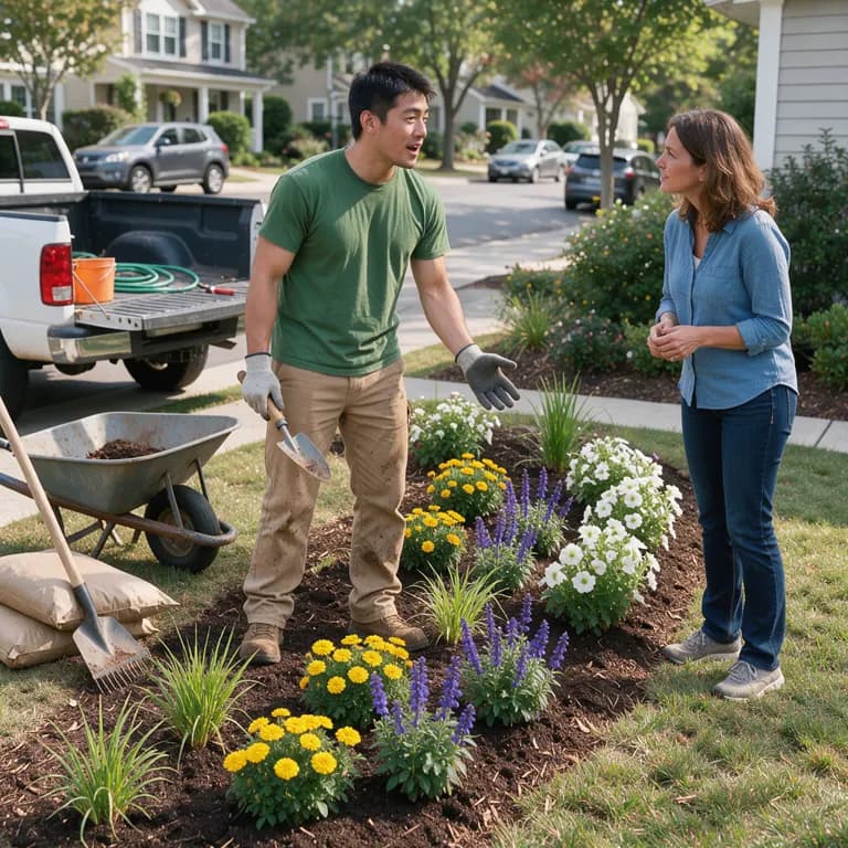 a landscaper talking with a homeowner in front of freshly planted flower beds
