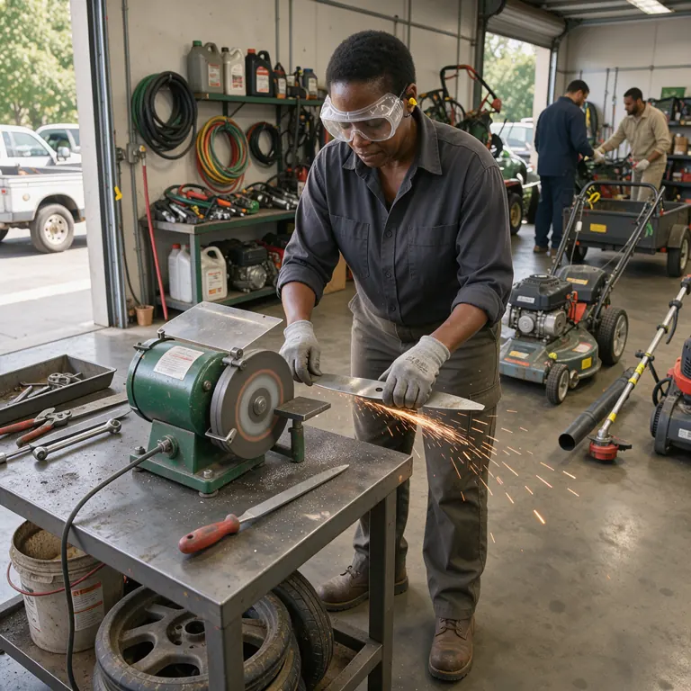 a mechanic sharpening a mower blade on a bench grinder in a landscaping shop