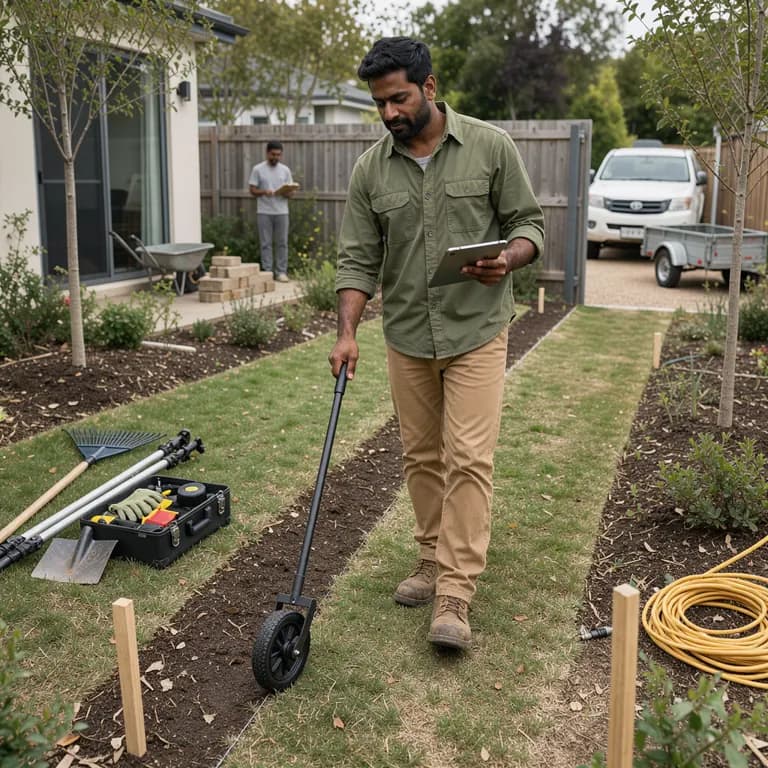 a landscape designer measuring a backyard with a measuring wheel and tablet