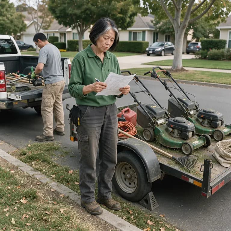 a landscaping crew leader looking at a route sheet beside a trailer of mowers on a suburban street