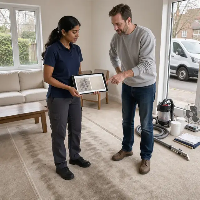 a worker showing a customer a tablet displaying side-by-side before and after carpet cleaning photos in a freshly cleaned room